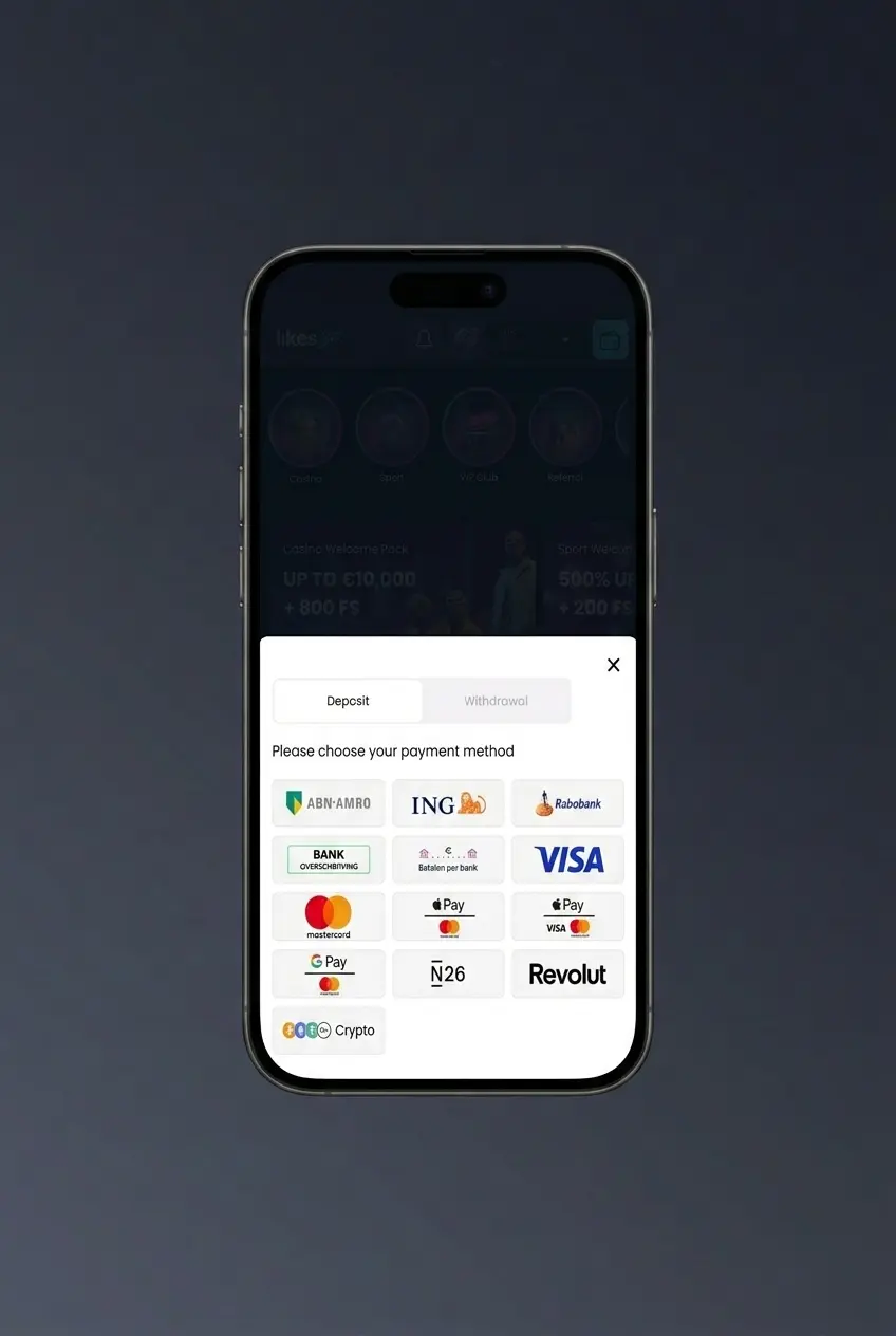 Sportwed plaatsen via LikesBet mobiele app: selecteer evenement, voer inzet in en bevestig met één tik.