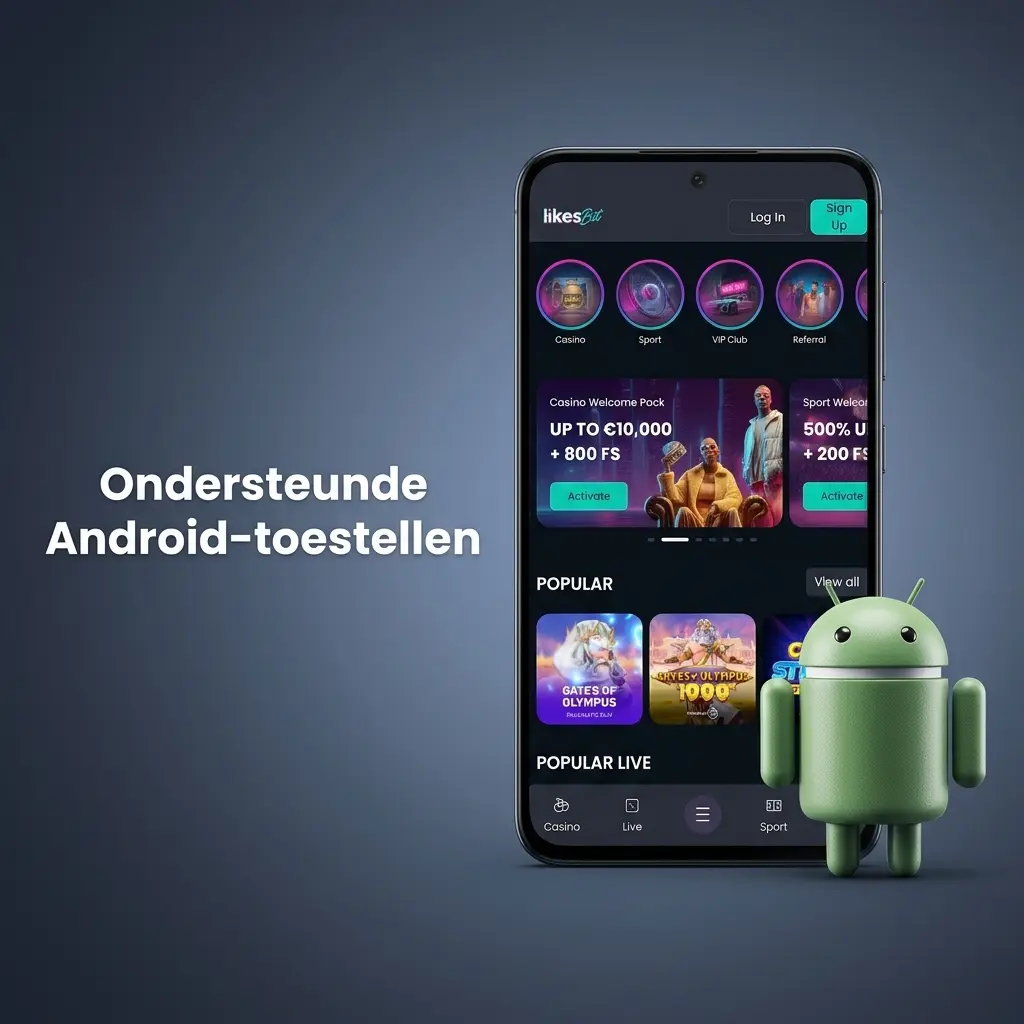 Lijst van ondersteunde Android-toestellen voor de LikesBet-webversie, waaronder Samsung, Google en Xiaomi.