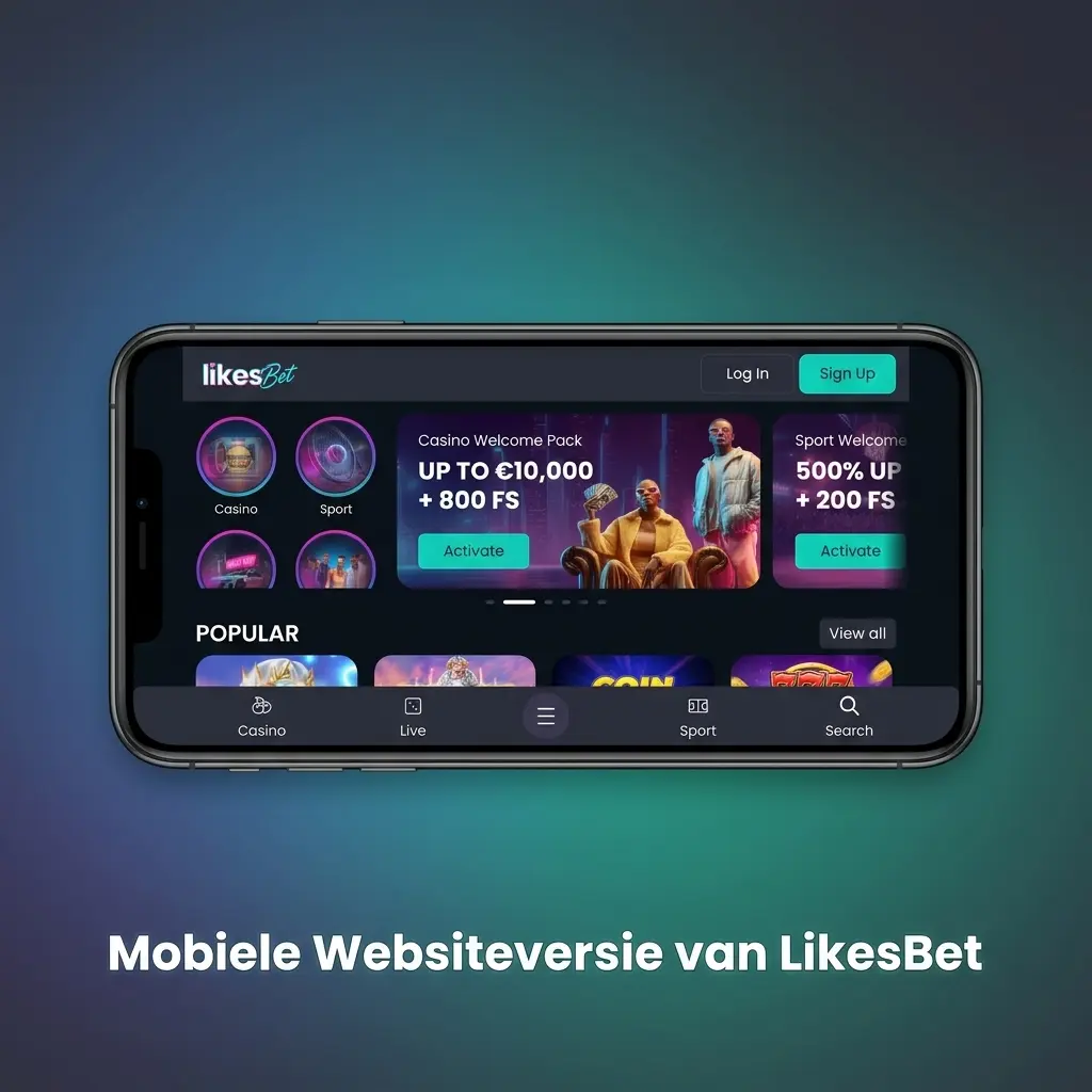 Mobiele website van LikesBet op smartphone met responsief ontwerp voor casino en sportweddenschappen